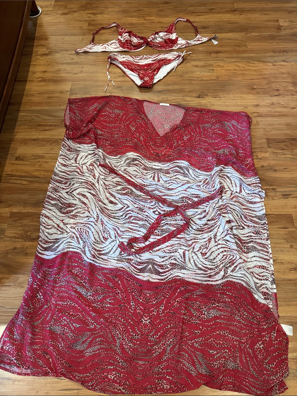 Italian set Red & White Sheer Swim Cover-Up with Matching Bikini - Women